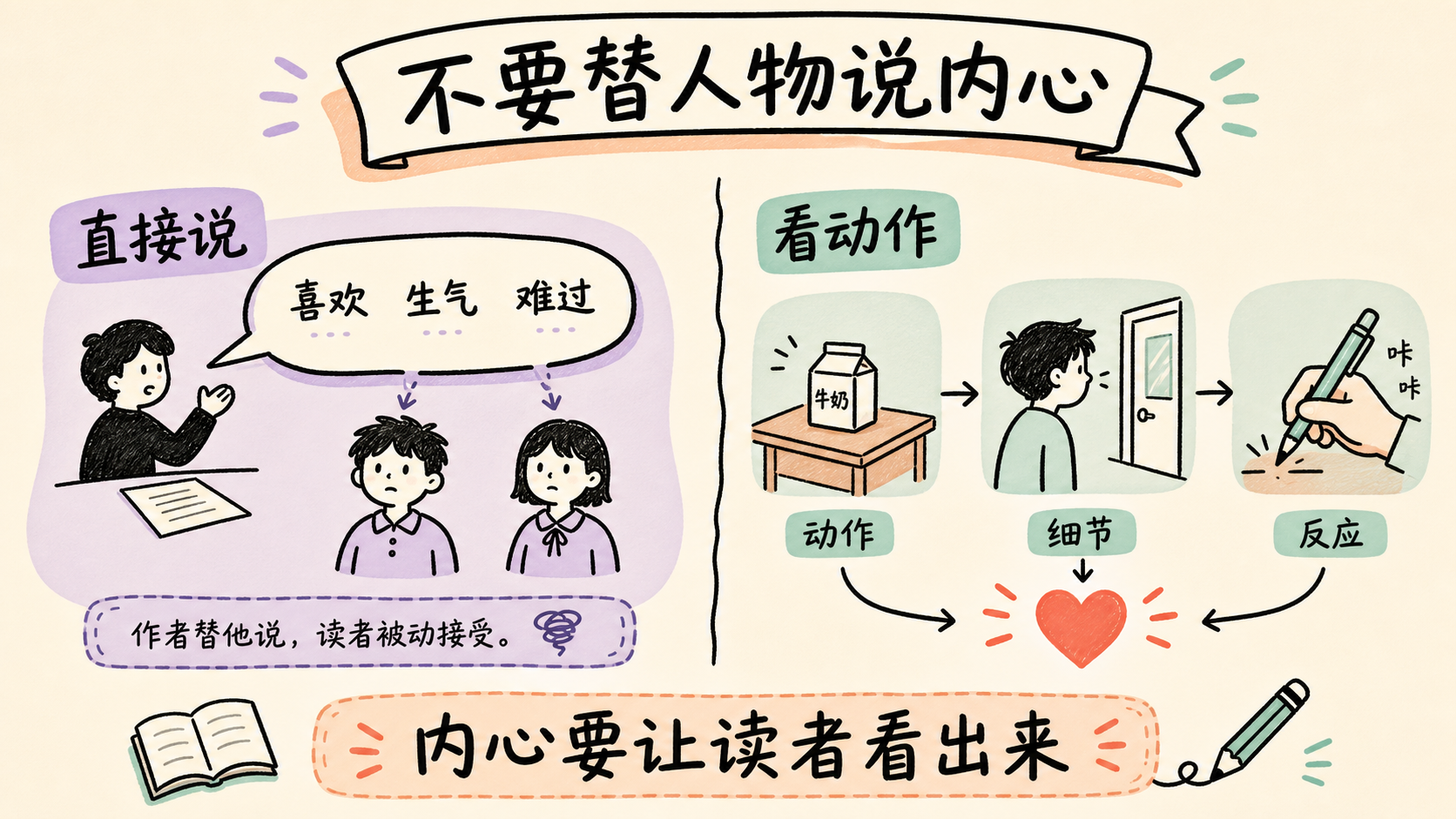 直接解释内心和用动作呈现的对比示意