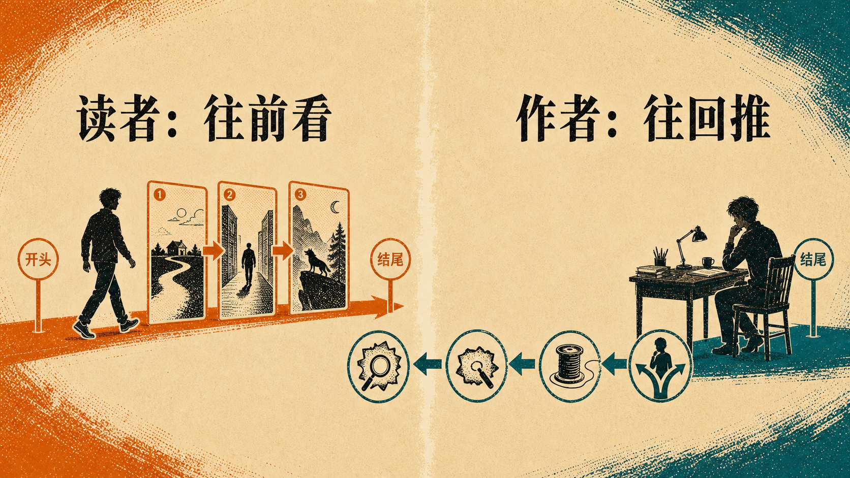 读者顺着故事前进,作者从结局倒推设计