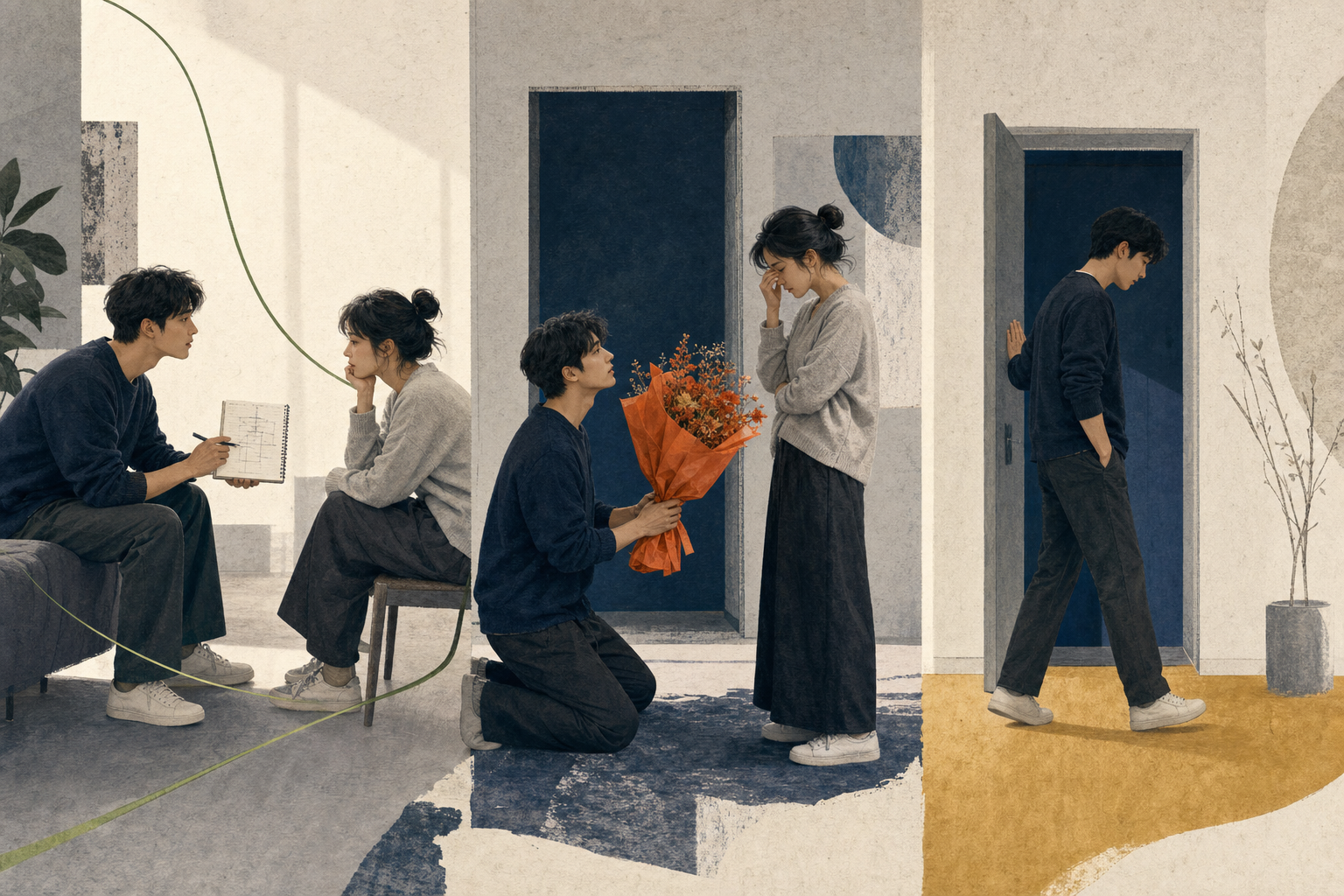 木、火、土三种人物在分手后的不同动作