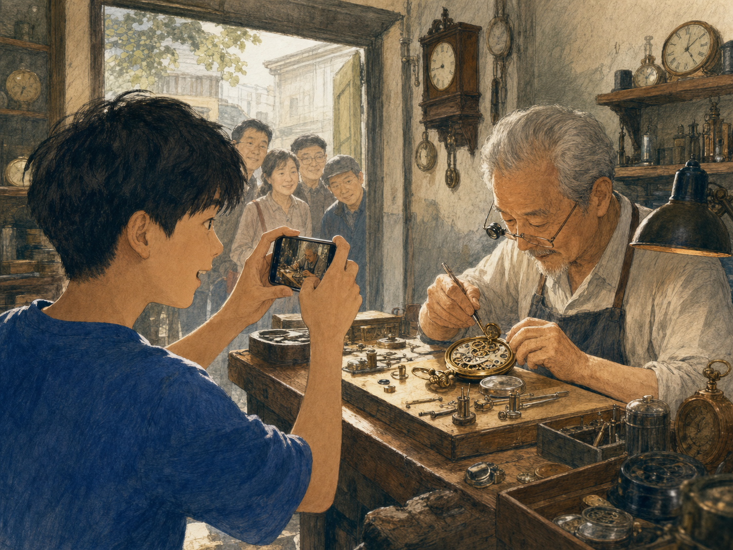 孙子直播修表,门口老顾客到来