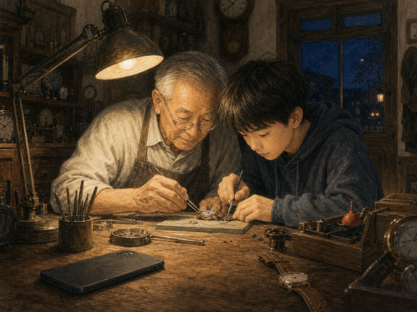 手机被扣在桌上,祖孙一起修完最后一块表