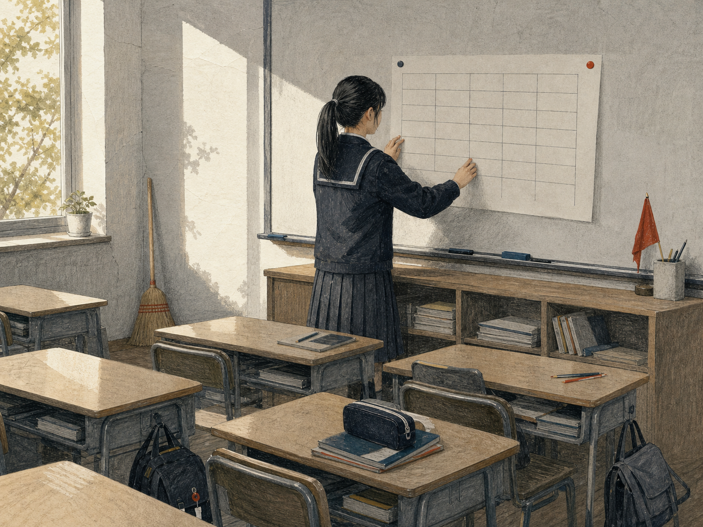 班长在教室里重排值日表,重建秩序