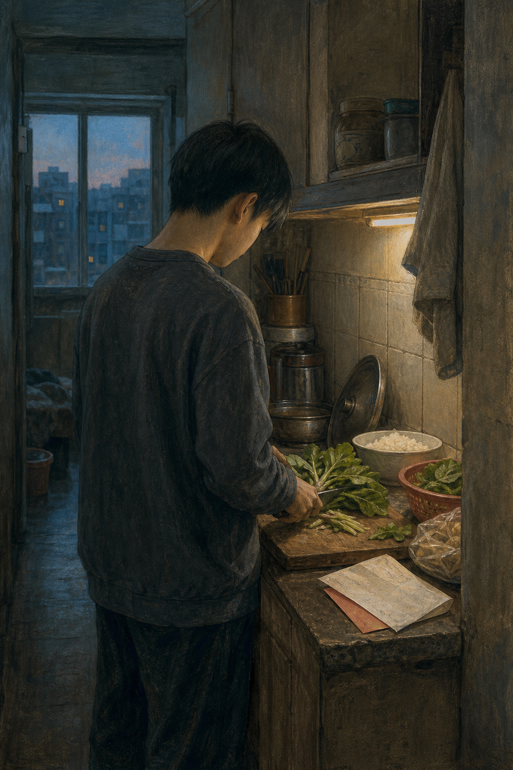 哥哥在厨房准备晚饭,缴费通知被悄悄压在台面上