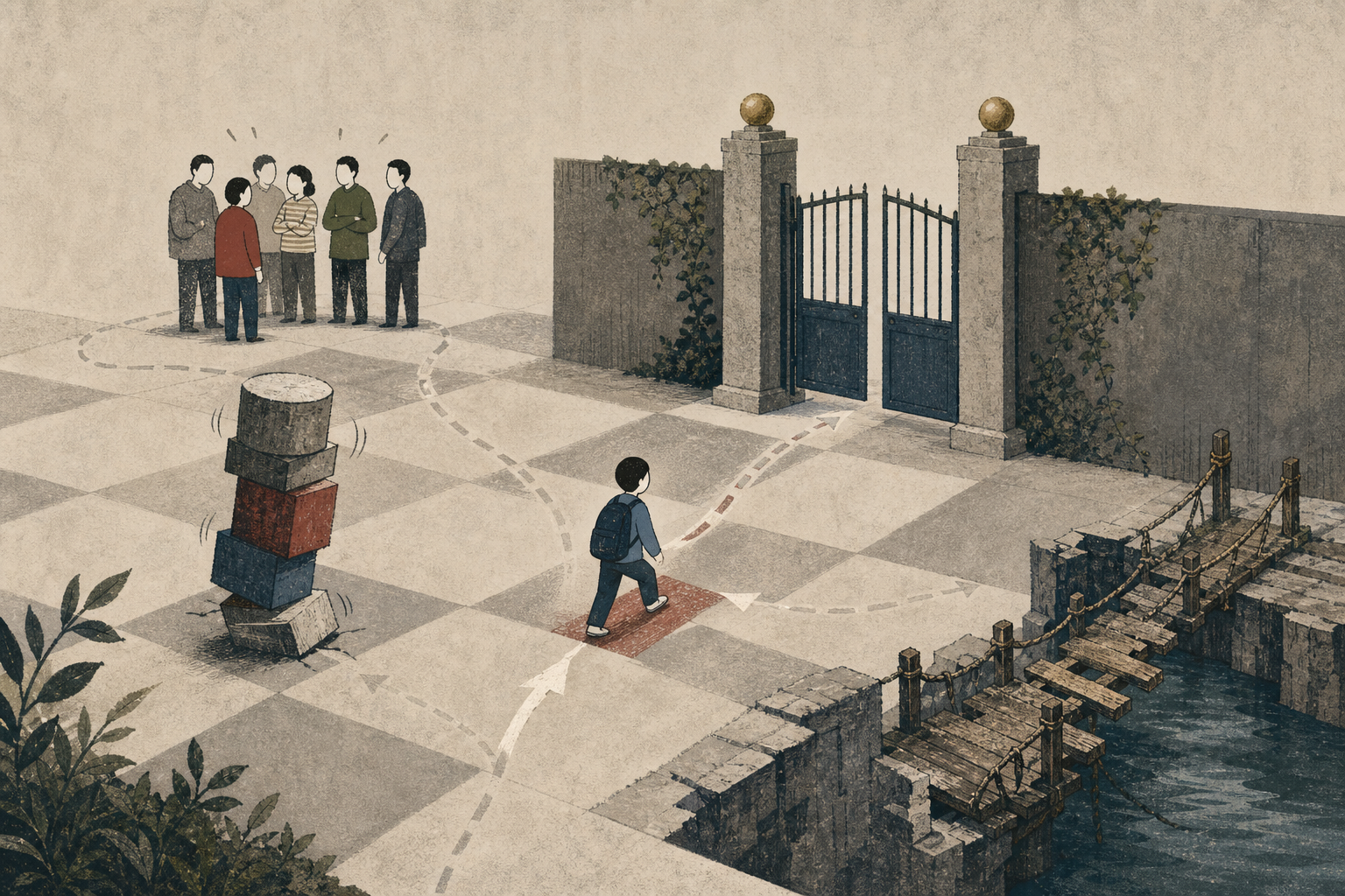 人物站在困境棋盘中,正作出第一步行动选择