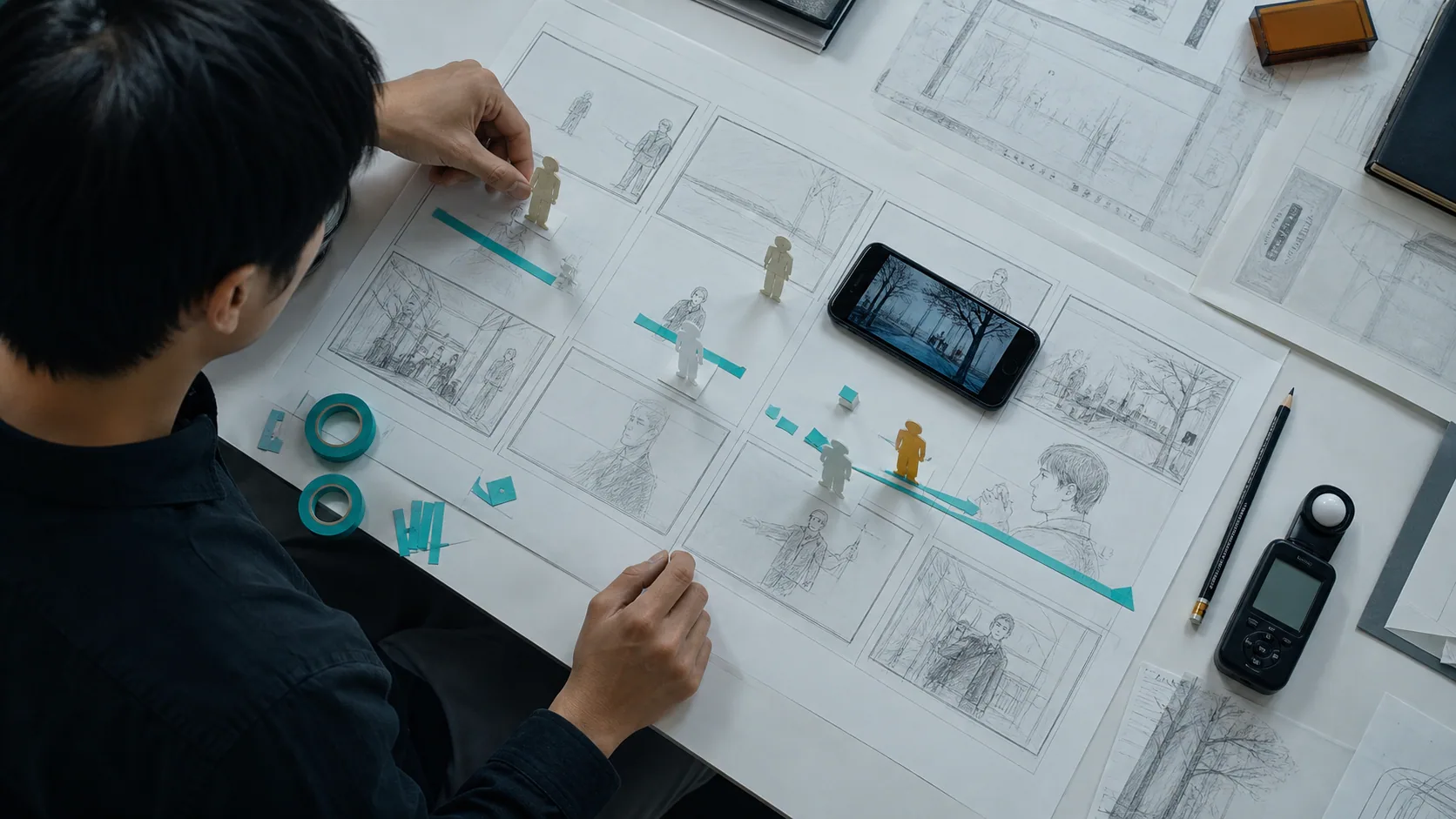 青年创作者整理分镜和故事线索