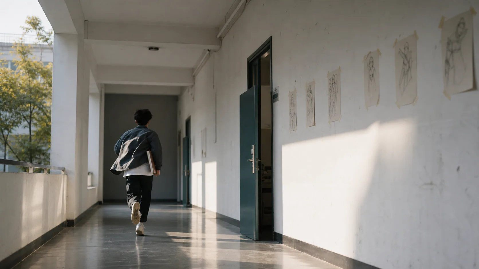 学生带着笔记本穿过艺术学院走廊