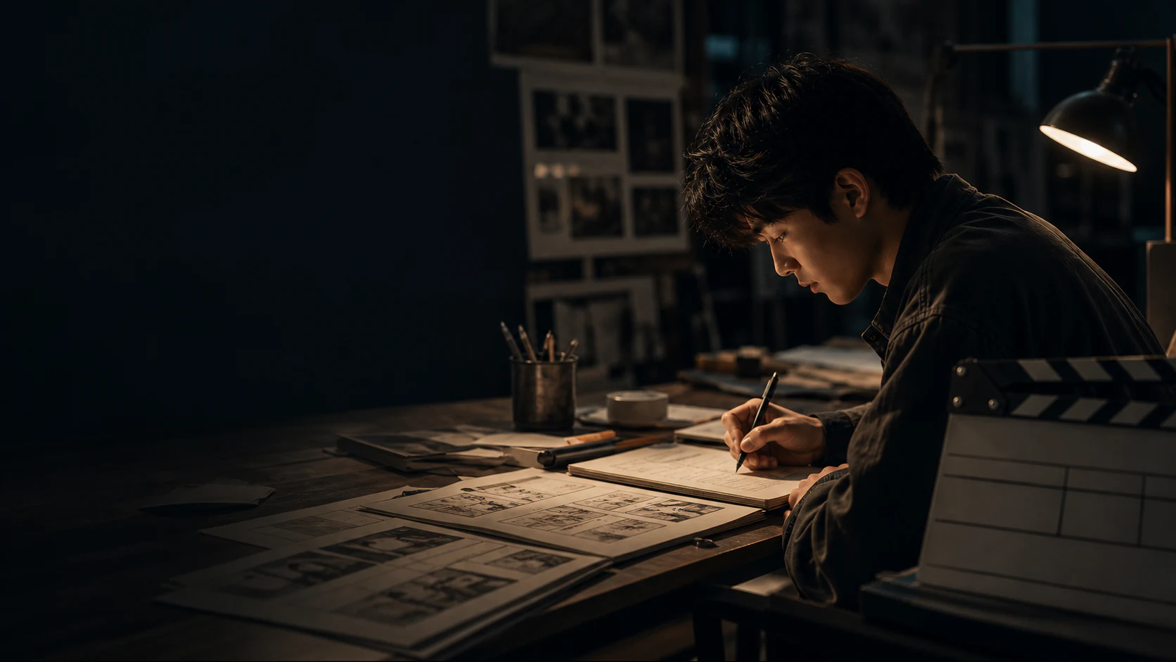 青年创作者在工作台前书写场景笔记和分镜
